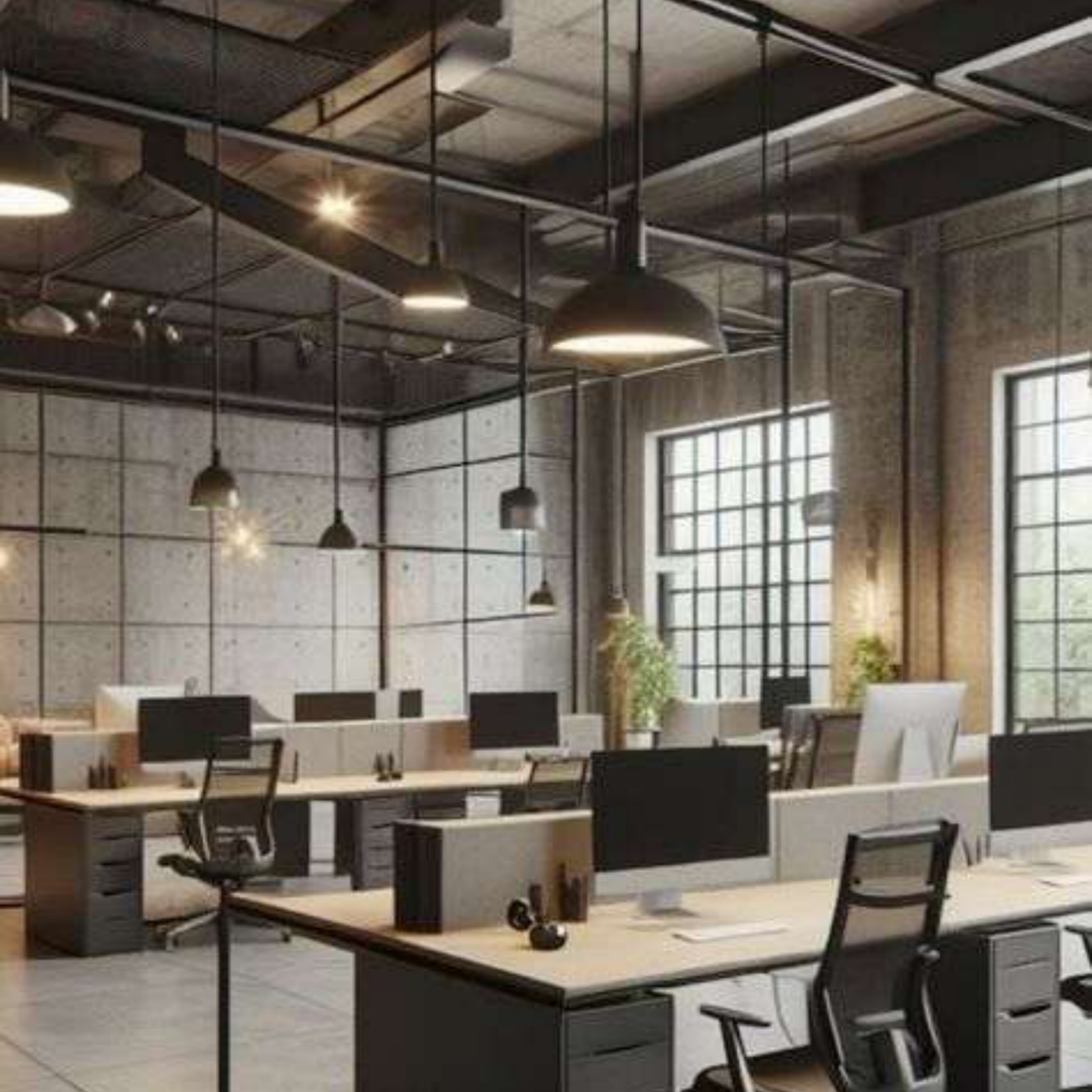 Open space style industriel avec spots noirs et suspensions