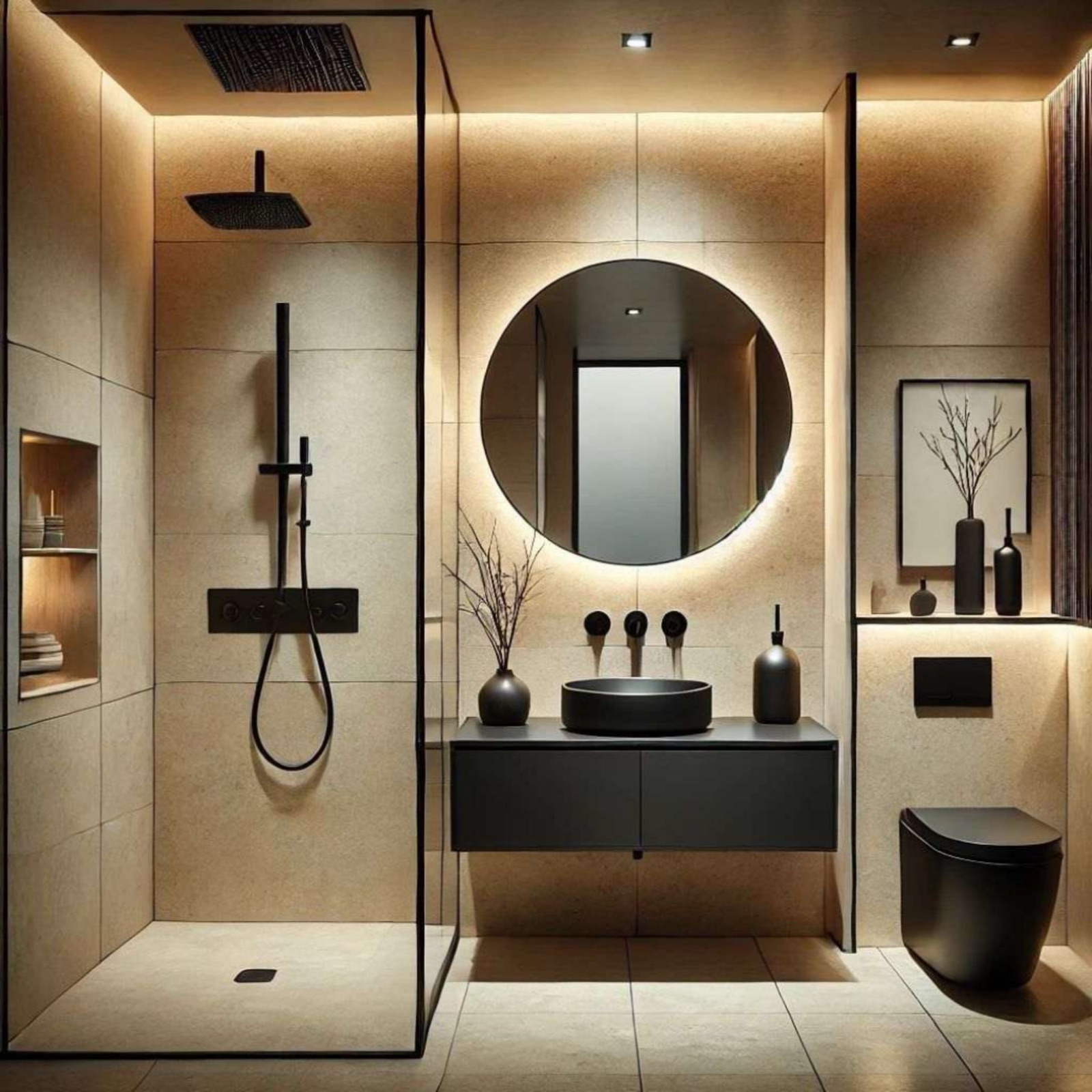 Salle de bain hôtelière avec miroir rond rétroéclairé et spots encastrés