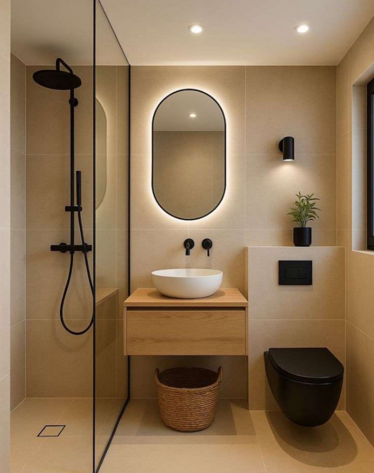 Salle de bain design avec miroir oblong backlit et applique murale noire